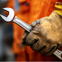Hand mit Arbeitshandschuh hält einen Schraubenschlüssel.